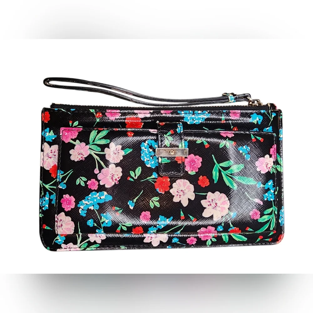 KATE SPADE Black Floral Print Zip Around Wallet Wristlet